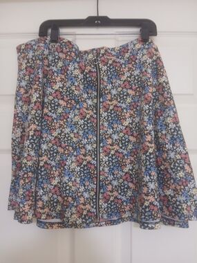 SO Floral Zip-Front Skater Skirt - Black with Blue, Pink, Yellow Flowers